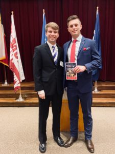Photo of Michael Brown '20 and Cage Sawyers '20, the TCU students who competed in the 2020 Battle of Flowers Oratorical Contest.