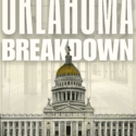 The image is a poster for a film titled "Oklahoma Breakdown." It depicts the Oklahoma State Capitol building with the text "The Fight Over Religion in Public Schools" below the title. It also notes that the film is presented by TCU Department of Film, Television, and Digital Media, and it is written and directed by Kate Schein. The background includes an image of a classroom hallway.