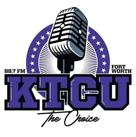 “Logo for KTCU 88.7 FM, Fort Worth. A vintage-style silver-and-black microphone sits in front of a circular starburst of white stars on a deep-blue background. Beneath it, large block letters in purple with black trim spell ‘K T C U'