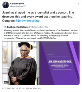 A screenshot from Twitter of a former student praising Jean Marie Brown.