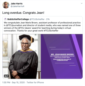 A screenshot from Twitter of a former student congratulating Jean Marie Brown on receiving the TCU Deans' Teaching Award.