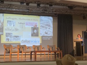Dr. Melita Garza presents onstage at a recent Dallas Historical Society event.