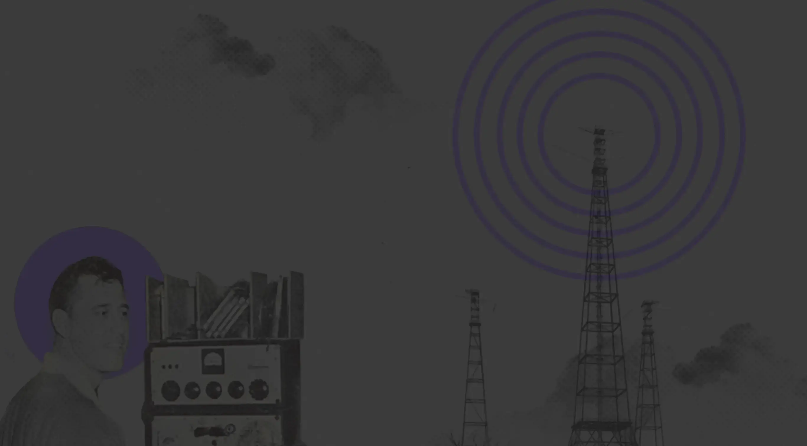 collage of images including a man, a radio tower with radio waves emitting, old timey radio equipment