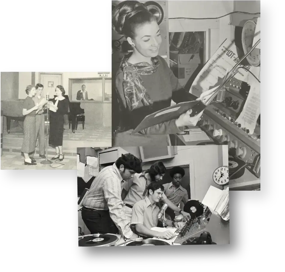 collage of images inlcuding women and men around a microphone, woman reading a prompt surrounded by radio equipment and men working at old timey radio equipment