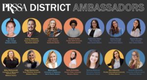 A graphic titled "PRSSA District Ambassadors" with photos of the students and their names, university names and districts they represent. 