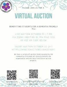 A flyer advertising the live auction information benefiting the Students for a Dementia Friendly TCU.
