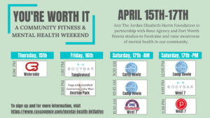 A graphic advertising the days and times the Fort Worth fitness studios are offering classes to support The Jordan Elizabeth Harris Foundation.