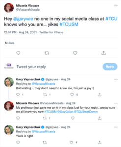 A screenshot of the Twitter exchange between TCU student Micaela Viacava and Gary Vaynerchuk.
