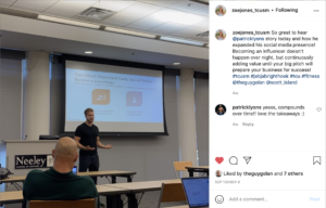 An Instagram post shared by TCU student Zoe Jones of Patrick Lyons speaking to her Social Media class.