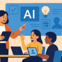 Illustration of a teacher leading a classroom lesson about artificial intelligence. The teacher holds a tablet and points to a presentation screen displaying “AI” and related icons, while three students sit at a table with laptops and tablets, listening and participating. One student raises their hand during the discussion.