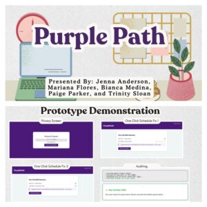 Graphic titled “Purple Path” with illustrated desk elements including a laptop, wall calendar and plant. Text credits Jenna Anderson, Mariana Flores, Bianca Medina, Paige Parker and Trinity Sloan. Below, a “Prototype Demonstration” section displays four screenshots labeled “Privacy Screen,” “One Click Schedule Fix 1,” “One Click Schedule Fix 2” and “Auditing,” showcasing features of the PurplePath platform interface. 