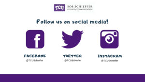 A graphic showing the Schieffer College's handles for Facebook, Twitter and Instagram.