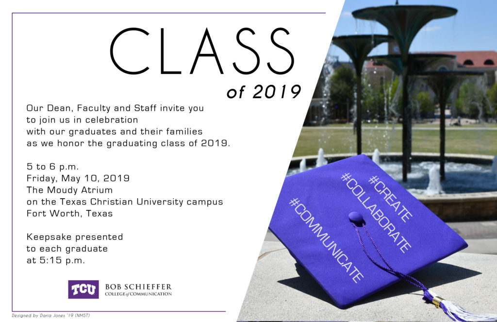 An invitation with the details for the May 2019 reception celebrating new graduates and their families.