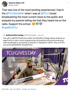 A social media post by Deanna Kelley-Hill, encouraging others to make a gift on TCU Gives Day.