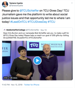 A social media post by TCU alumna Tamera Hyatte, encouraging other alumni to give on TCU Gives Day. 