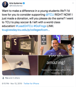 A social media post by TCU alumnus Kris Gutierrez, which includes a collage of photos.
