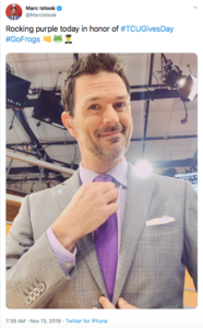 A photo of WFAA anchor and TCU alumnus Marc Istook adjusting his purple tie on TCU Gives Day.