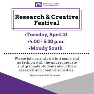 A graphic advertising the Student Research and Creative Festival the Bob Schieffer College of Communication is hosting on April 21, 2020.