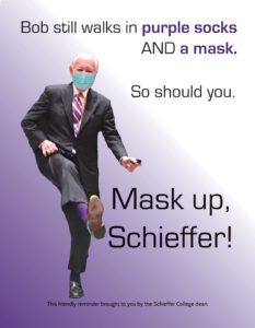 A photo of Bob Schieffer kicking up a leg to show off his purple socks. The text reads, “Bob still walks in purple socks AND a mask. So should you. Mask up, Schieffer!”
