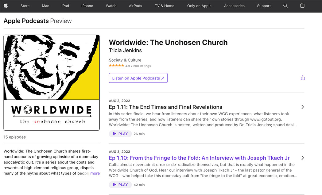 Apple Podcasts landing page for Worldwide: The Unchosen Churchby Tricia Jenkins. 