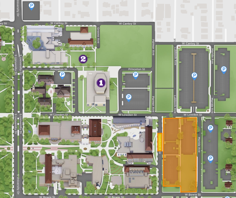A map of T C U's east campus, showing the location of the Schieffer Symposium events and parking.