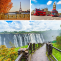 Clockwise from top left: The Eiffel Tower in Paris with autumn leaves; Big Ben and red double-decker buses in London; Victoria Falls in Zimbabwe with a pathway leading to the falls.